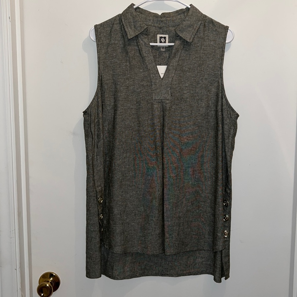 ANNE KLEIN | WOVEN SLEEVELESS TOP Sz MEDIUM HUNTER/WHITE